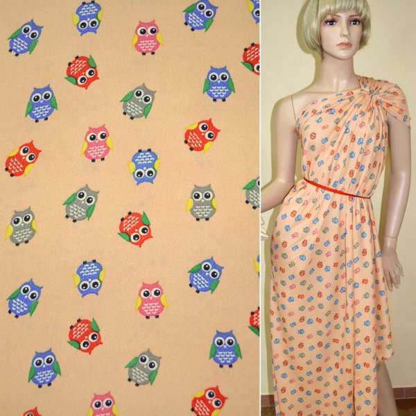 Креп поплин персиковый с разноцветными совами ш.150