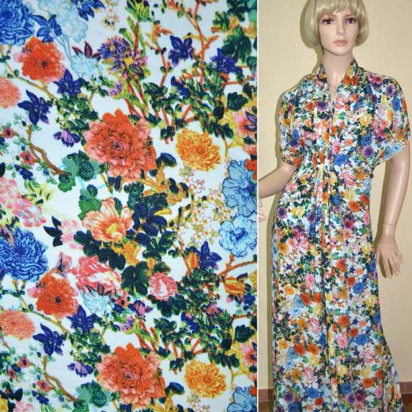 Креп поплин белый с сине-желто-розовыми цветами ш.150