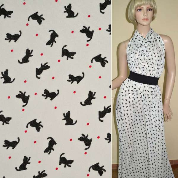 Креп поплин молочный с черными котятами ш.150