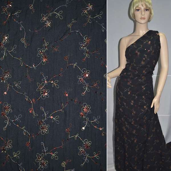 Поплин жатый черный вышитый паетками ш.140