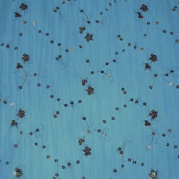 Поплин жатый голубой с вышивкой и пайетками ш.140