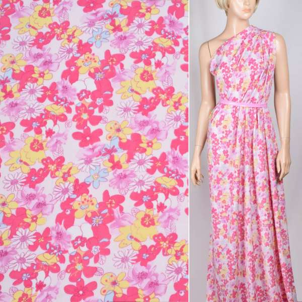 Поплин белый в желто-розовые цветы ш.145