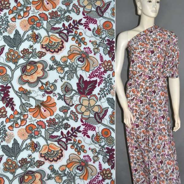 Поплин белый в бордово-оранжевые цветы ш.145