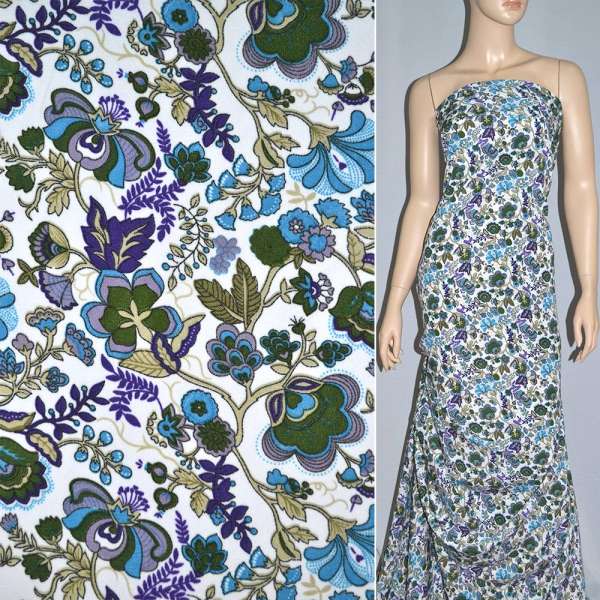 Поплин белый в фиолетово-голубые цветы ш.145