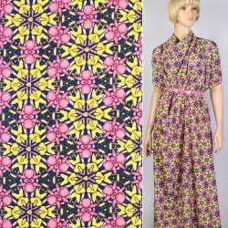 Поплин синий в желтые и розовые цветы калейдоскоп ш.145