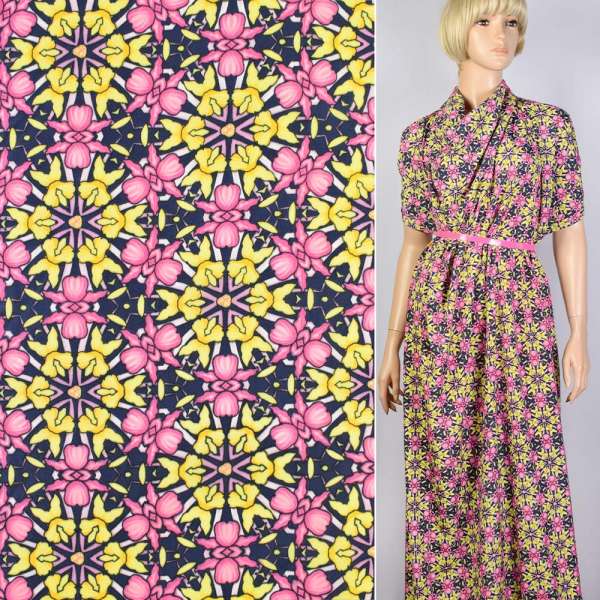 Поплин синий в желтые и розовые цветы калейдоскоп ш.145