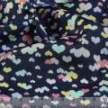 Поплин синий темный в разноцветные сердца ш.147