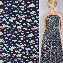 Поплин синий темный в разноцветные сердца ш.147