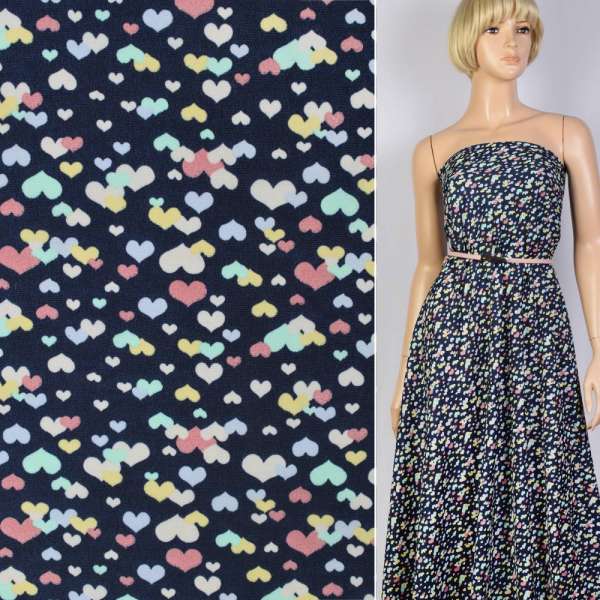 Поплин синий темный в разноцветные сердца ш.147