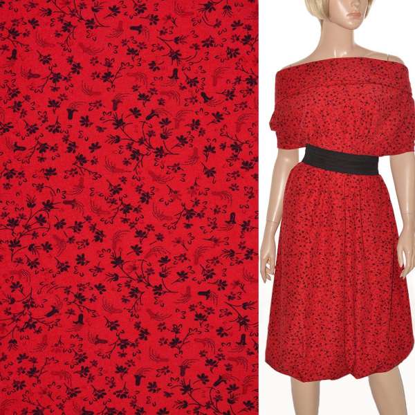 Поплин стрейч красный с черными цветами ш.150