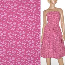 Поплин стрейч ярко-розовый с белыми цветами ш.150