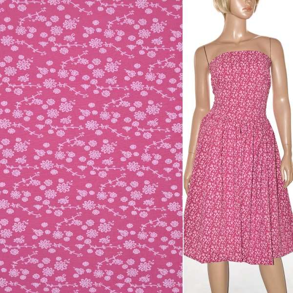 Поплін стрейч яскраво-рожевий з білими квітами ш.150