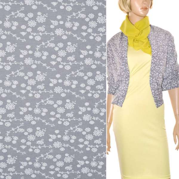 Поплин стрейч серый с белыми цветами ш.150