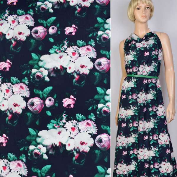 Поплин диллон синий в розово-белые розы ш.150