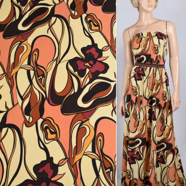 Поплин диллон желтый с коричнево-бордовым абстрактным рисунком ш.150