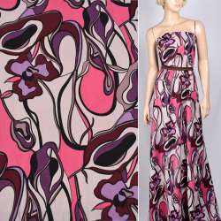 Поплин диллон молочный с розово-фиолетовым абстрактным рисунком ш.150