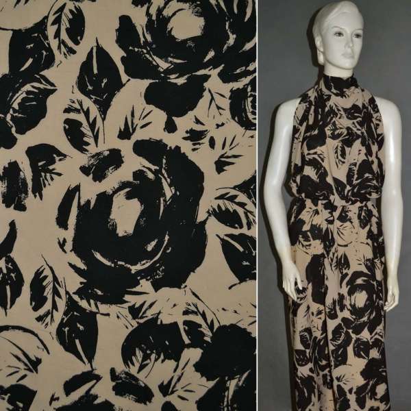 Поплин диллон черно-бежевый с розами ш.150