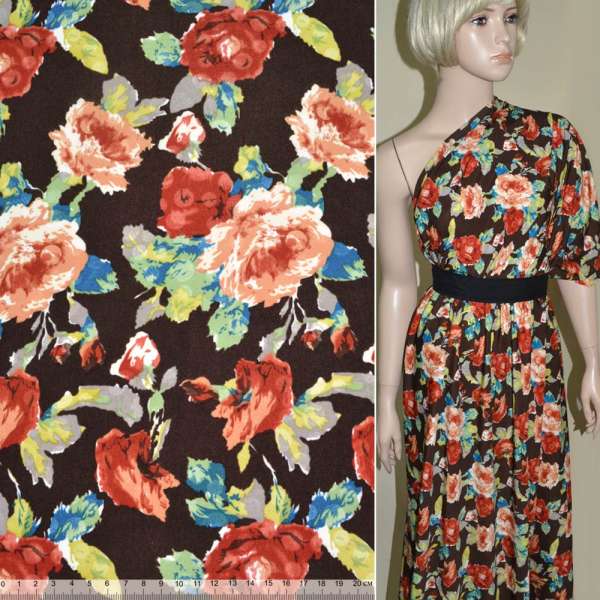 Поплин диллон коричневый с терракотовыми цветами ш.153