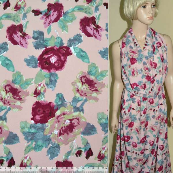 Поплін Діллон рожевий з бордовими квітами ш.150