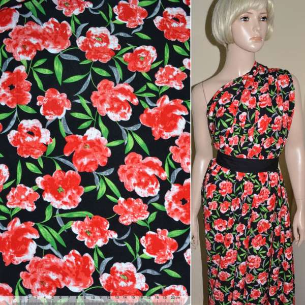 Поплин диллон черный с красными цветами ш.150