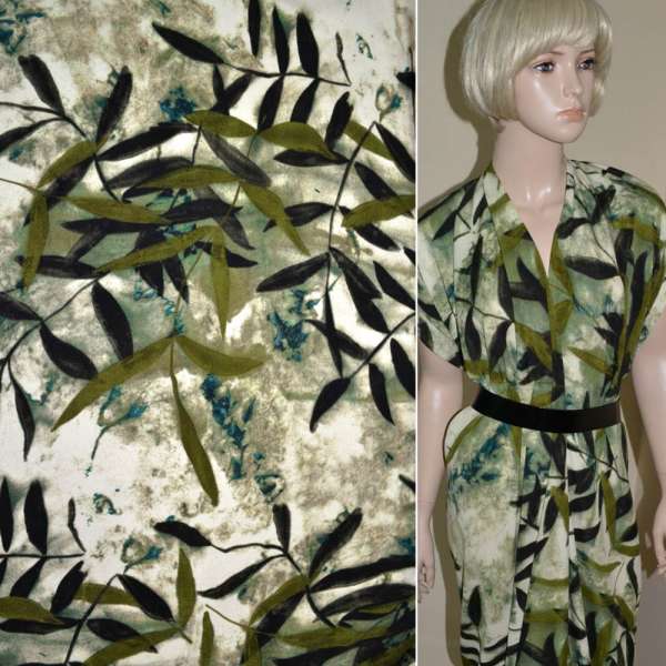 Поплин диллон молочно-зеленый с черными листьями ш.148