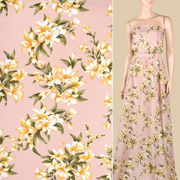 Поплин фрезовый, бежево-белые лилии, ш.150