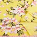 Поплин лимонный, розовые лилии, ш.150