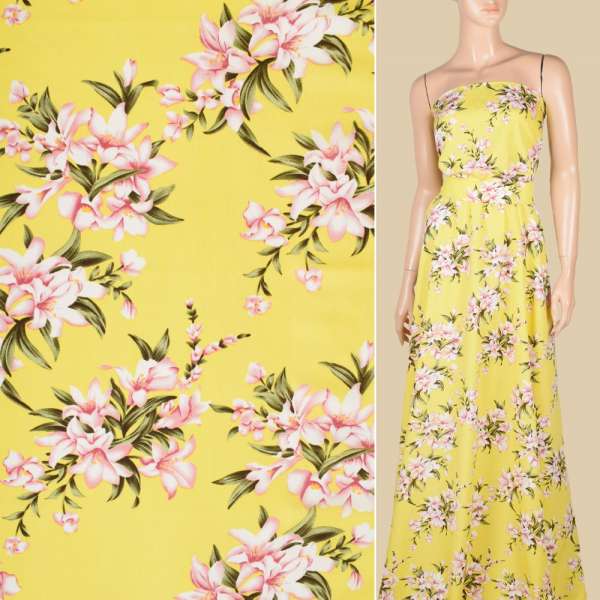 Поплин лимонный, розовые лилии, ш.150