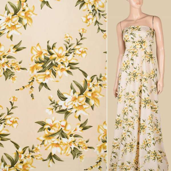 Поплін бежевий, бежево-білі лілії, ш.150