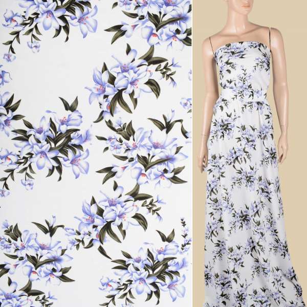 Поплин белый, бело-сиреневые лилии, ш.150