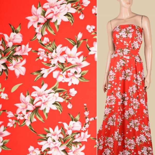 Поплин красный, бело-розовые лилии, ш.150