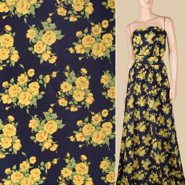 Поплин синий темный, желтые розы, ш.150