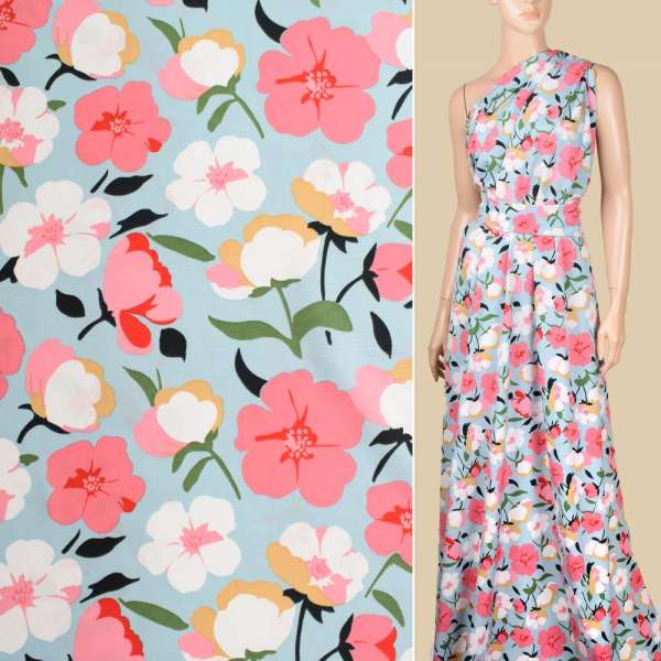 Поплин голубой, белые, розовые цветы, ш.150