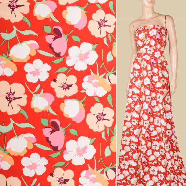 Поплин красный, белые, бежевые цветы, ш.150