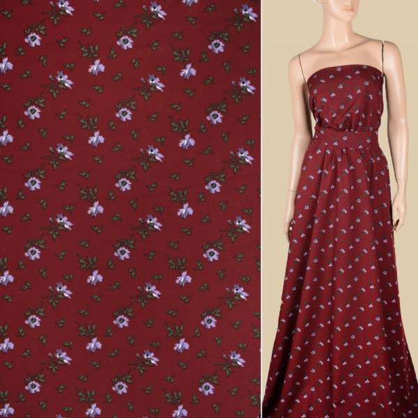 Поплин бордовый, мелкие сиреневые цветы, ш.150