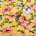 Поплин желтый, розовые, серые маки, ш.150
