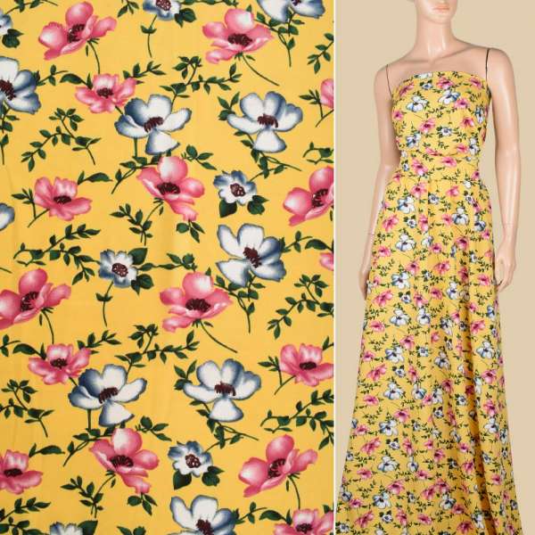 Поплин желтый, розовые, серые маки, ш.150