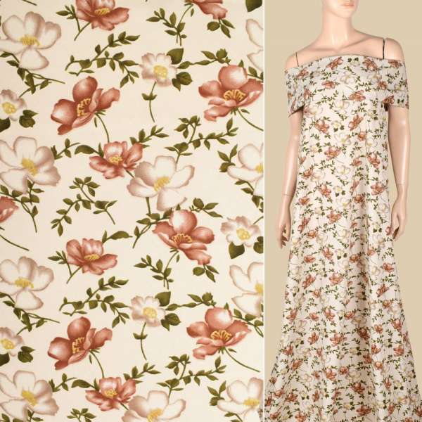 Поплин бежево-серый, коричневые, бежевые маки, ш.151