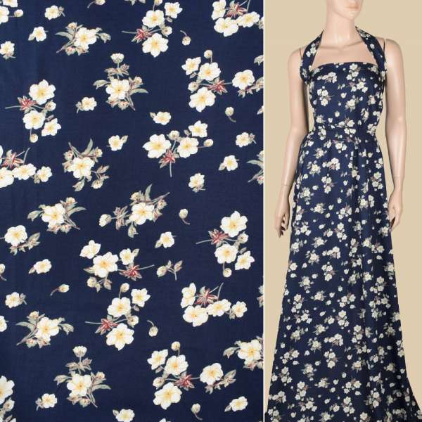 Поплин синий темный, белые цветы, ш.151