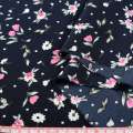 Поплин синий темный, белые, розовые цветочки, ш.155