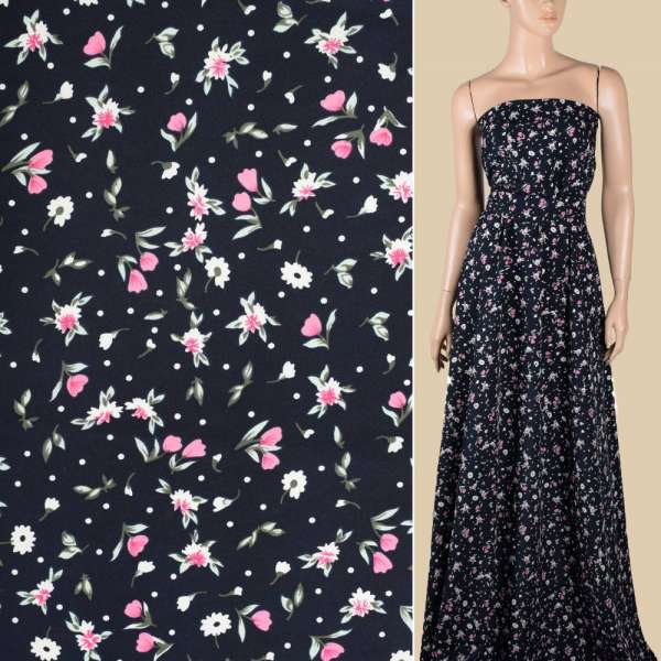 Поплин синий темный, белые, розовые цветочки, ш.155