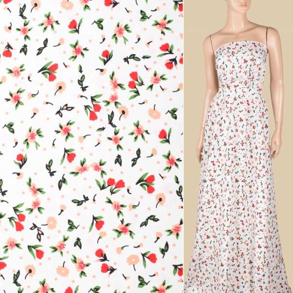 Поплин белый, красные, персиковые цветочки, ш.152