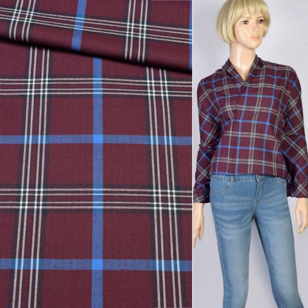 Коттон рубашечный в клетку синюю, бордовый, ш.145