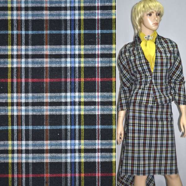 Рубашечная ткань в клетку черно-белая с желто-голубым, ш.145