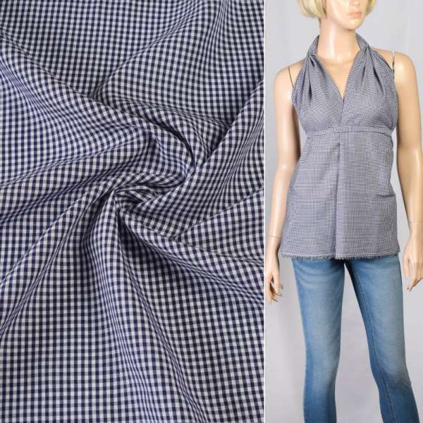 Віскоза сорочкова в клітину дрібну синю, біла, ш.152