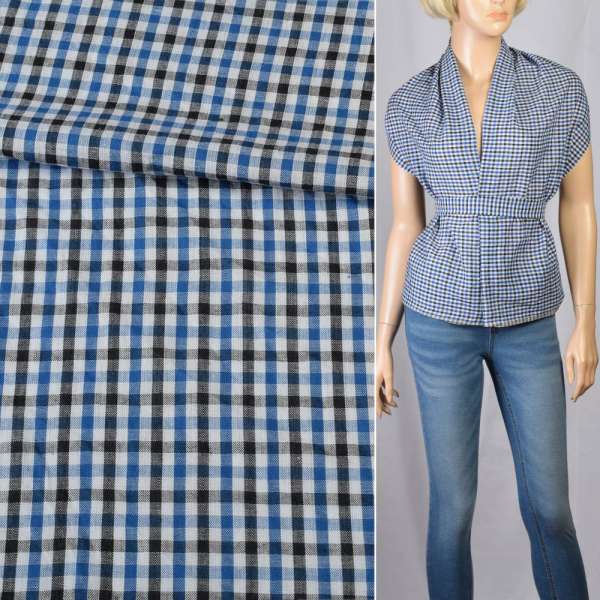 Хлопок рубашечный в клетку черно-синюю, белый, ш.145