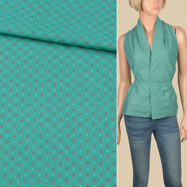 Коттон рубашечный в рисунок мелкий, бирюзовый, ш.140