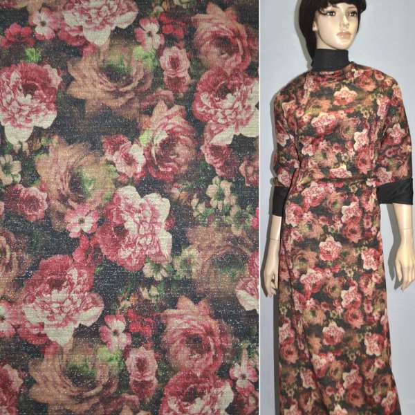 Трикотаж джерси черный с бордово-бежевыми цветами с блестками ш.156