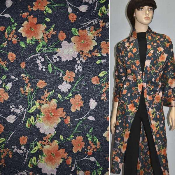 Трикотаж джерси синий темный с оранжевыми цветами с блестками ш.157