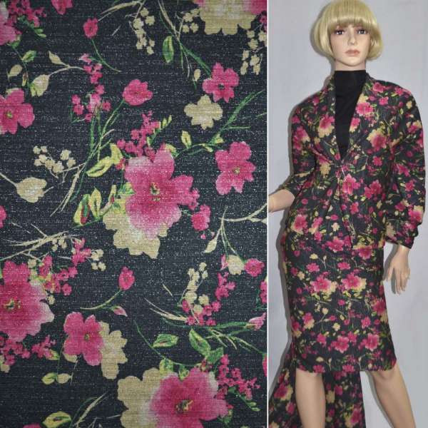 Трикотаж джерси черный с малиновыми цветами с блестками ш.152